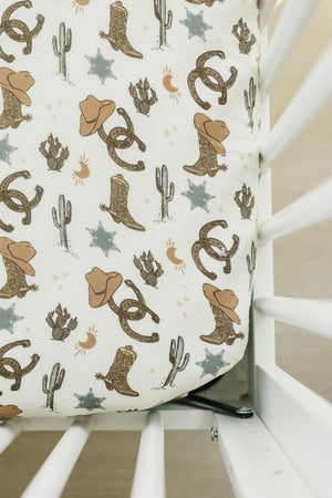 Outlaw Cowboy Muslin Crib Sheet | 100% Cotton | Rodeo Collection | Neutral Colors