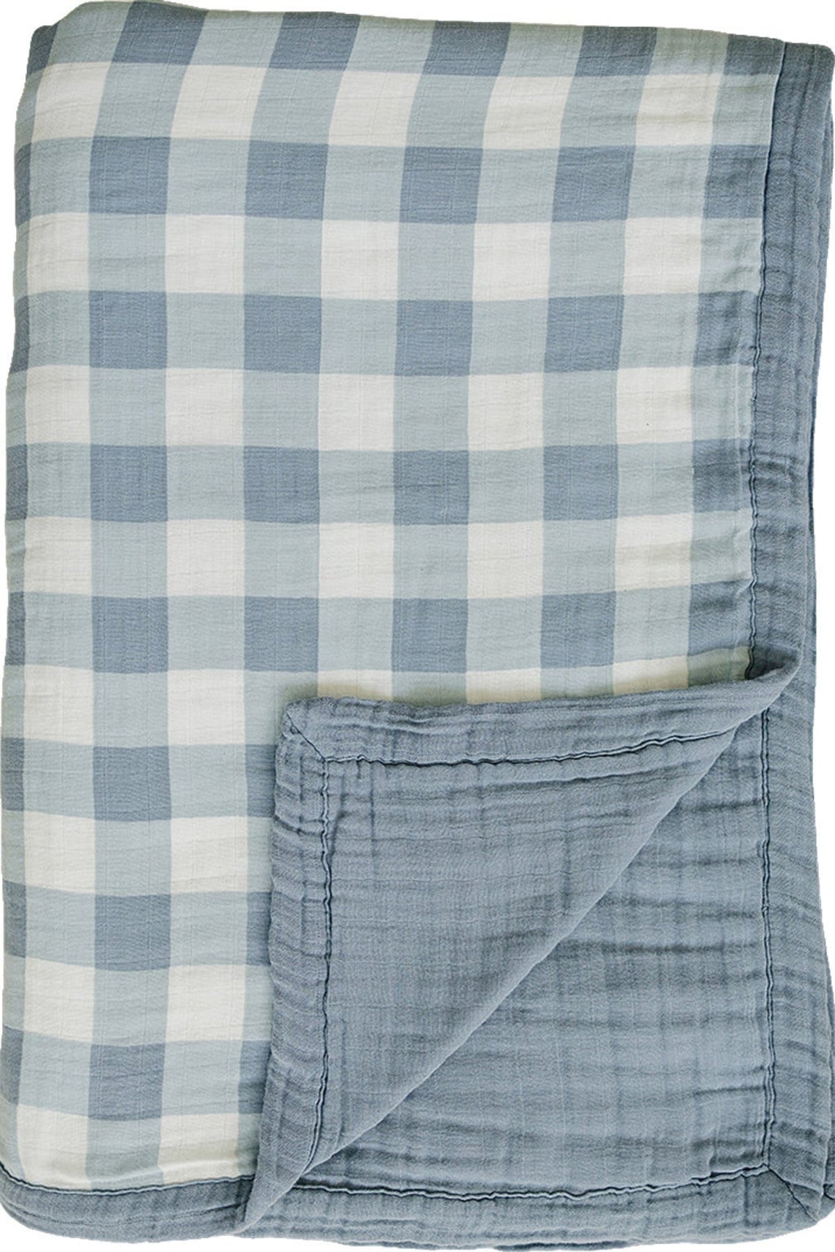 Dusty blue gingham quilt folded with visible soft muslin layers, showcasing a stylish and gender-neutral design.