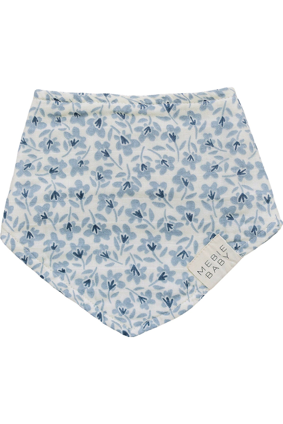 Blue floral muslin bib with a Mebie Baby tag, featuring a modern design on a white background.
