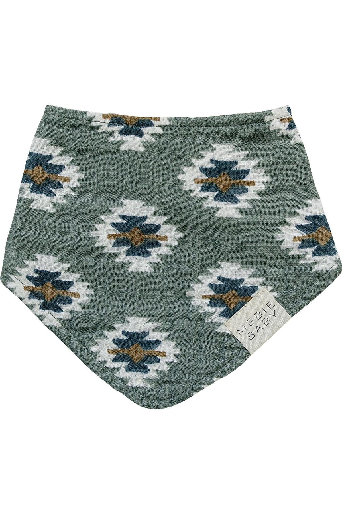 Green muslin bib with white and navy Aztec pattern, featuring a Mebie Baby label on the corner.