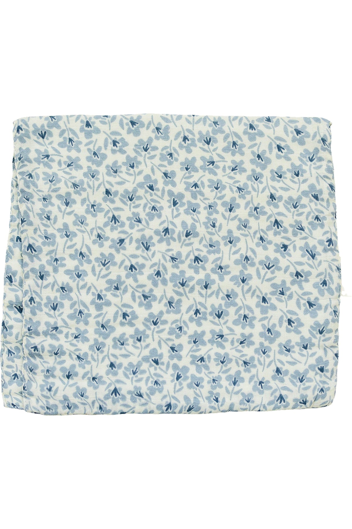 Blue and white muslin burp cloth with a floral pattern, crafted from soft, absorbent cotton fabric.