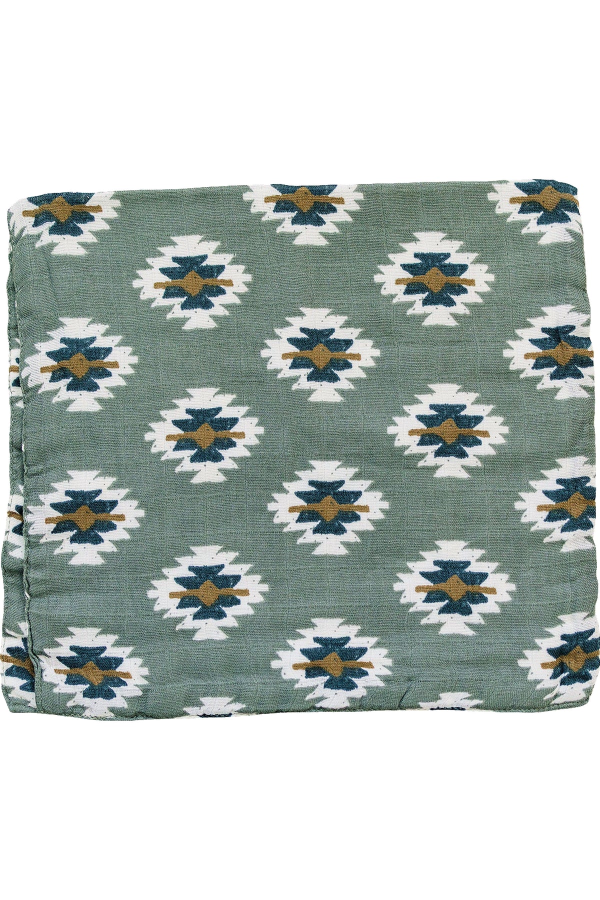 Green muslin burp cloth with white and navy Aztec pattern, made from soft cotton fabric. Neutral and stylish.