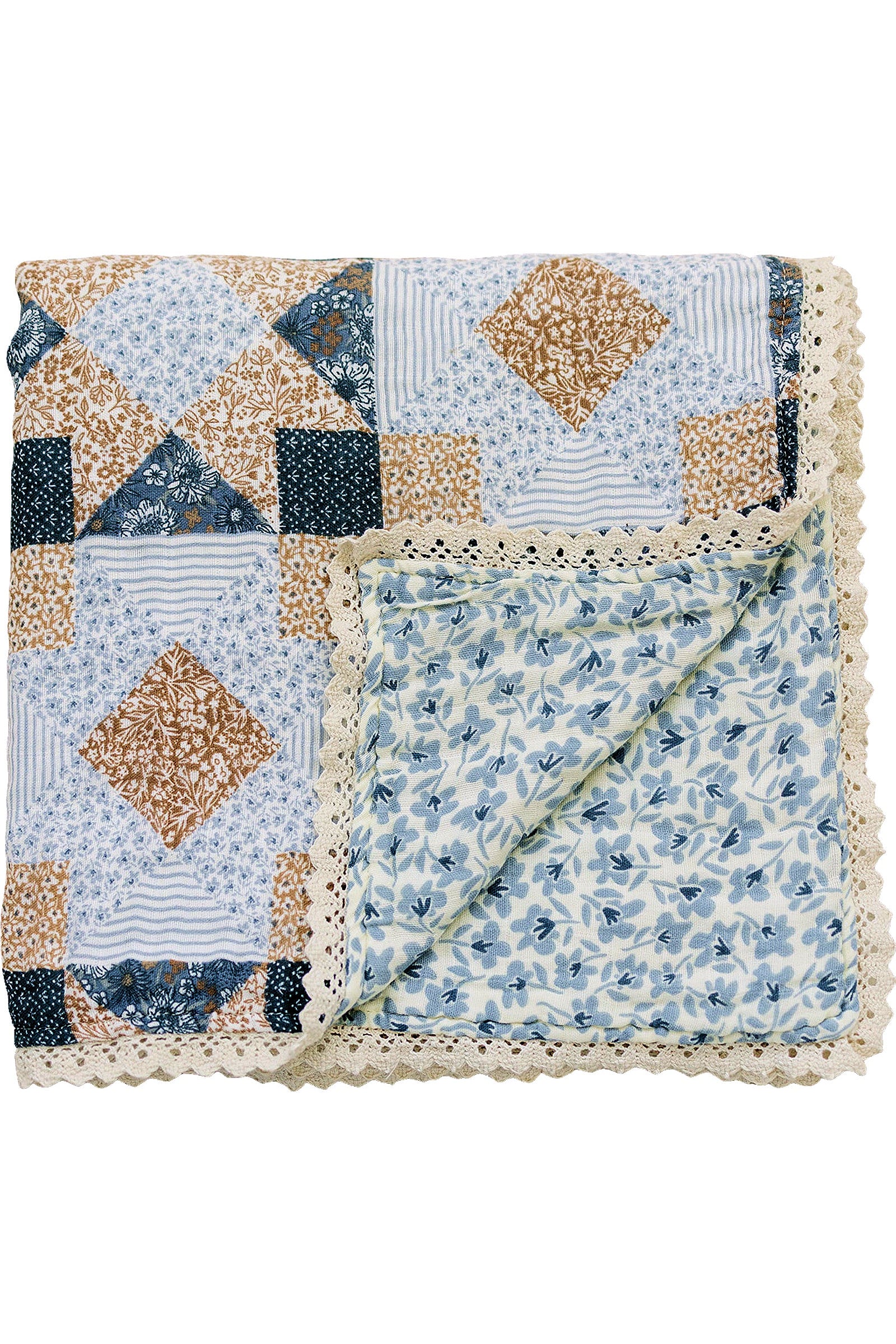 Patchwork Print + Blue Blossom Lace Muslin Crib Quilt | 100% Cotton | Neutral Colors