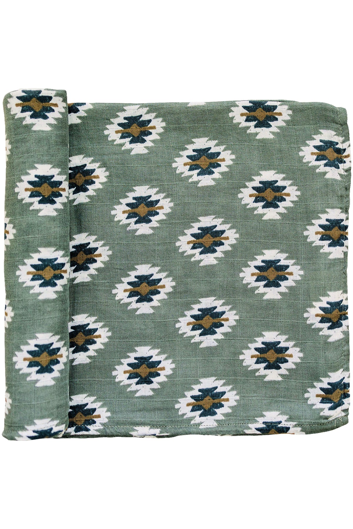 Green muslin swaddle blanket featuring a repeating Southwest Aztec pattern in white, blue, and brown.