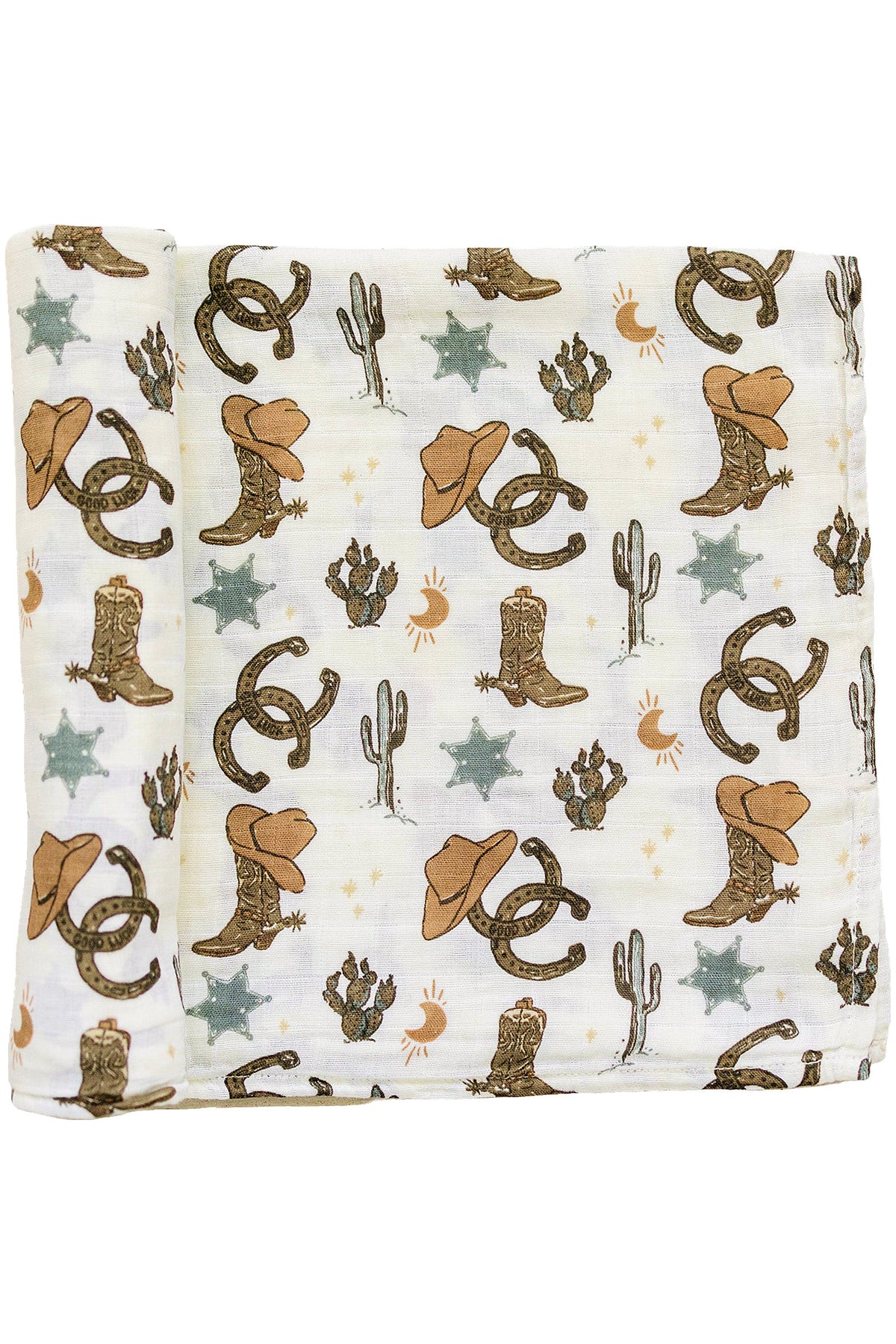 White muslin swaddle blanket with cowboy boots, hats, horseshoes, cacti, and star badge patterns in brown and green.