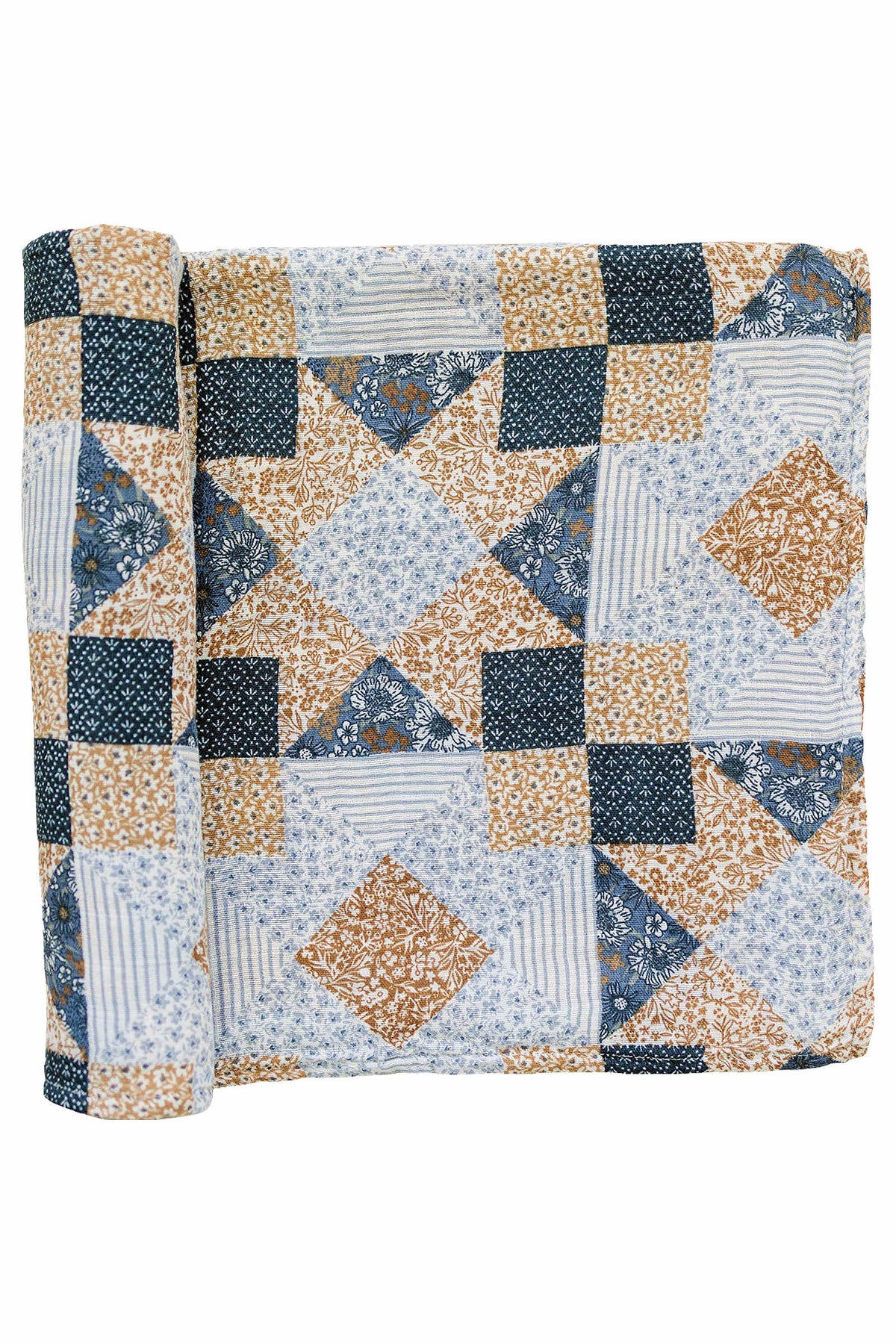 Patchwork print muslin swaddle blanket in blue, beige, and white geometric patterns, made from 100% cotton fabric.