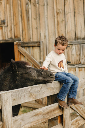A young boy in a cream horse knit sweater gently pets a black pony over a wooden fence near a rustic barn.