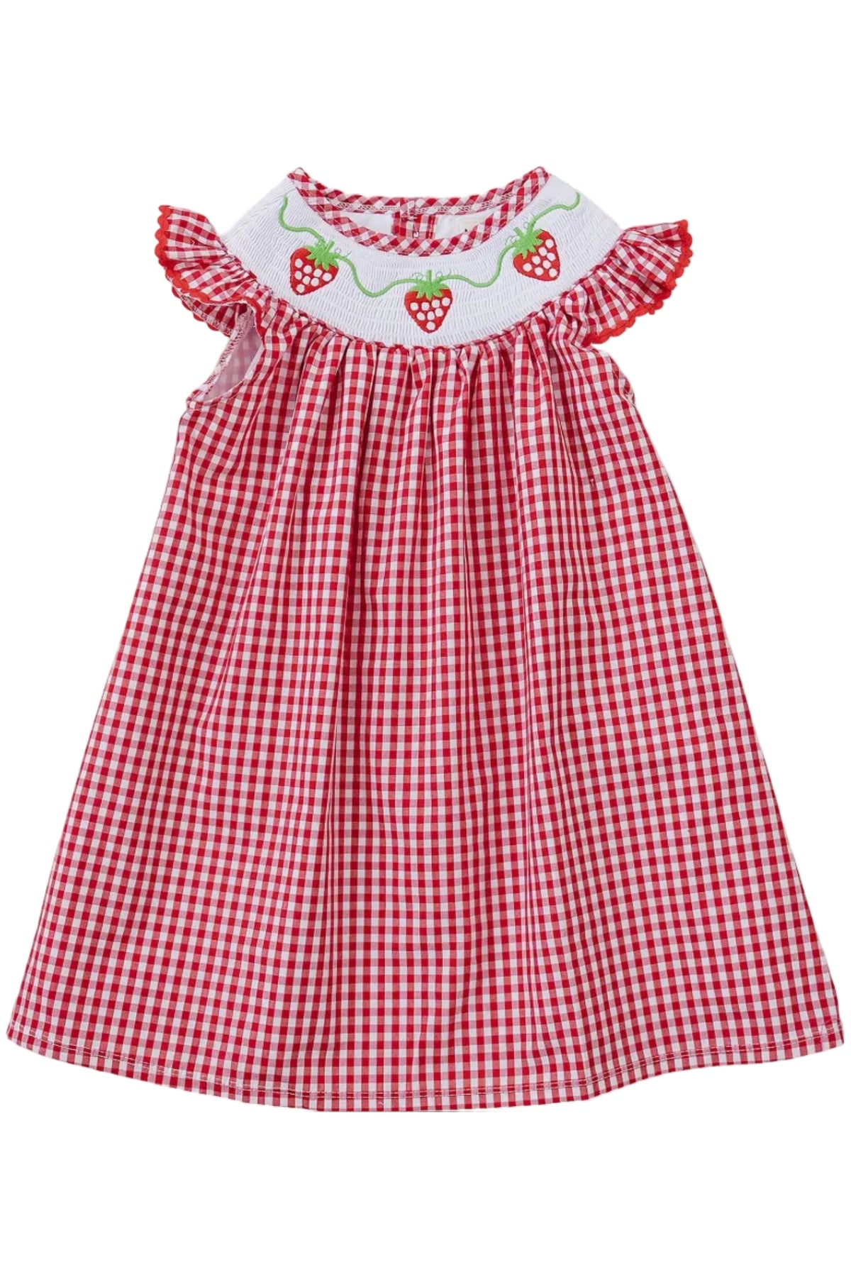 A red and white gingham cotton dress featuring embroidered strawberries on the neckline. The dress has ruffled sleeves, perfect for sunny days and playful adventures for little ones.