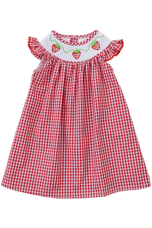 A red and white gingham cotton dress featuring embroidered strawberries on the neckline. The dress has ruffled sleeves, perfect for sunny days and playful adventures for little ones.