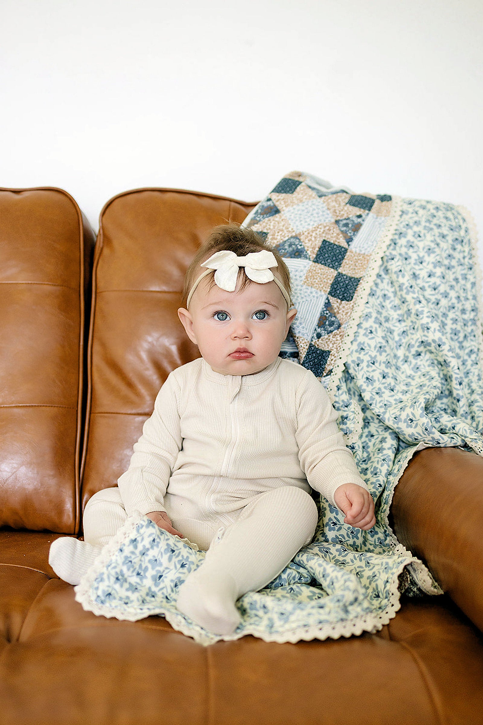 Patchwork Print + Blue Blossom Lace Muslin Crib Quilt | 100% Cotton | Neutral Colors