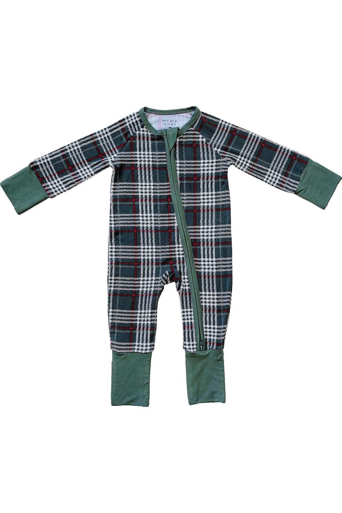 Green plaid zipper pajama made from soft bamboo fabric, featuring long sleeves and a full zipper front. Ideal for babies aged 0-18 months, combining comfort and classic style.