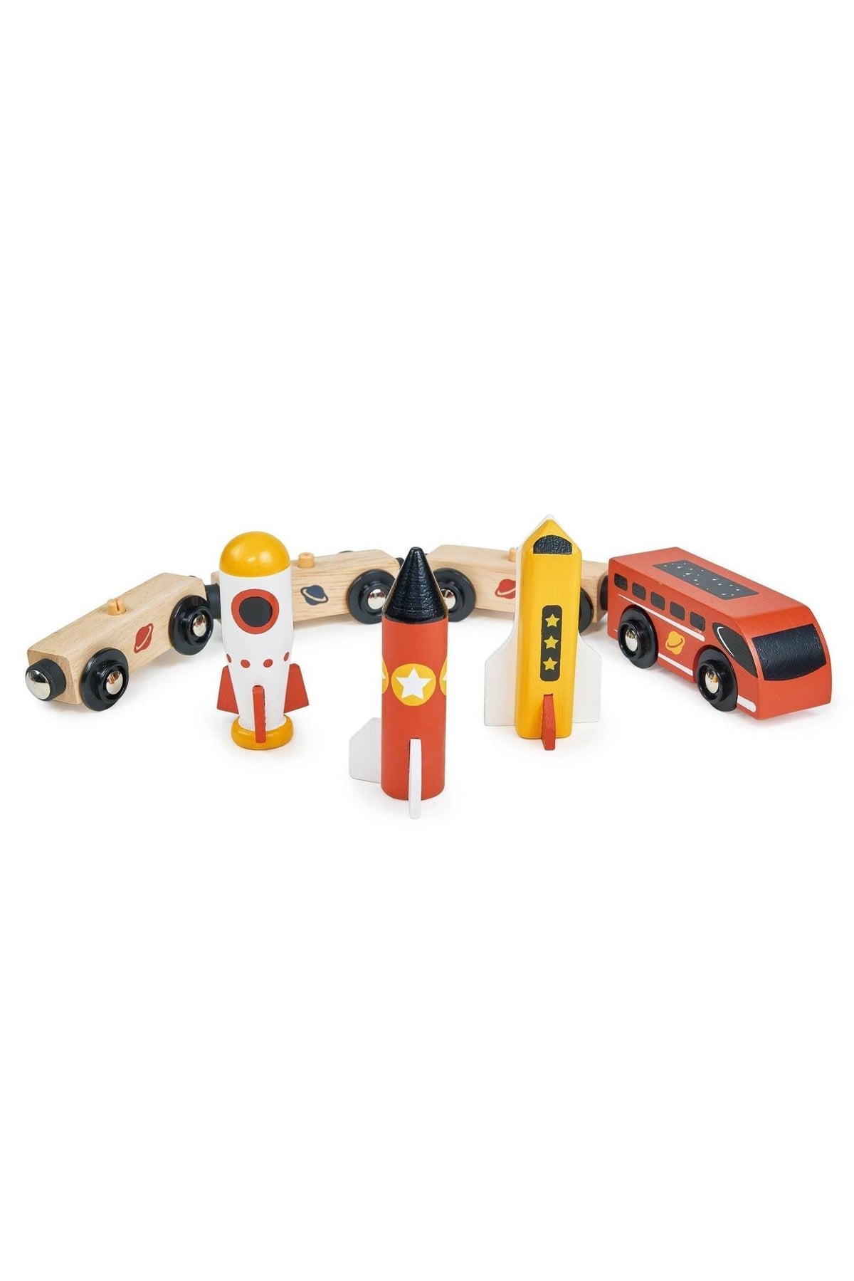 Colorful wooden toy train set featuring a rocket engine and three rocket carriages, designed for imaginative play. Made from sustainable materials, this eco-friendly toy is perfect for young children.