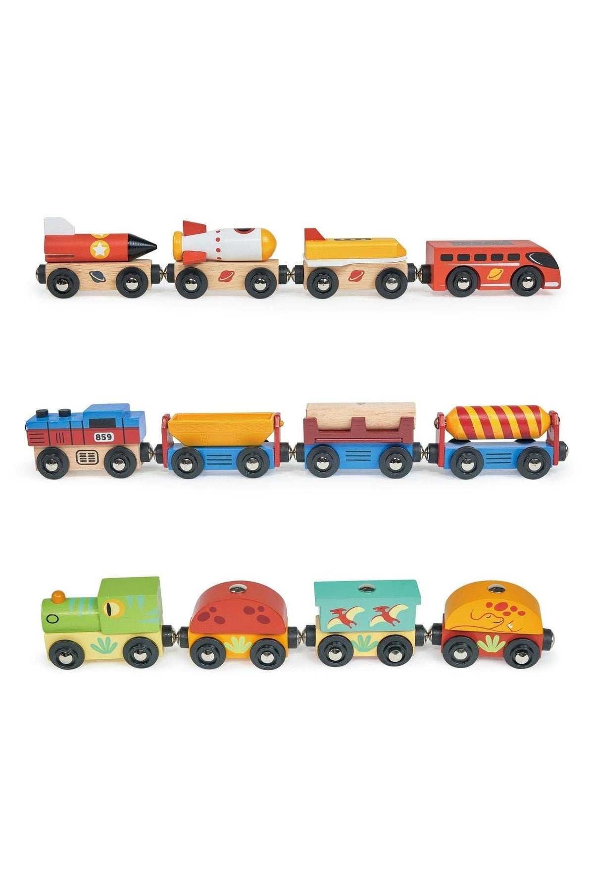 A colorful set of wooden toy trains featuring a space rocket train, cargo cars, and a dinosaur train. Each train is designed with vibrant colors and safe, eco-friendly materials.