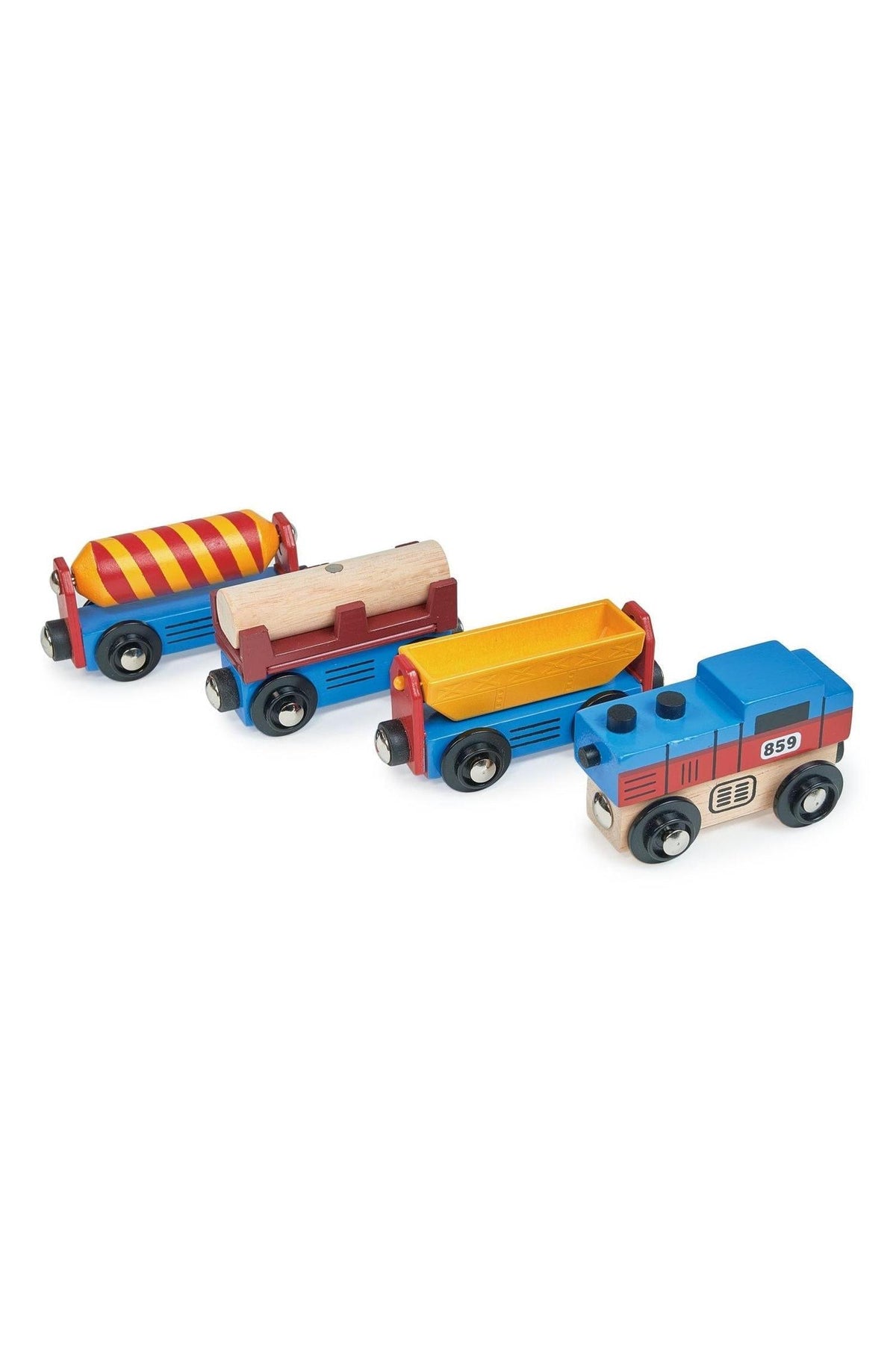 A colorful wooden train set features a blue engine and three carriages in red and yellow, crafted from sustainable materials. Perfect for imaginative play, it encourages eco-friendly engagement for children.
