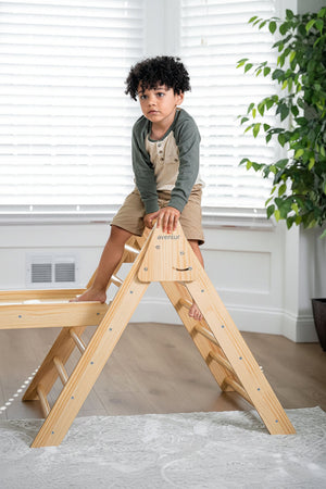 A young child with curly hair climbs on a wooden Pikler triangle playset indoors. The light-colored wood contrasts with the greenery and bright sunlight filtering through the window.