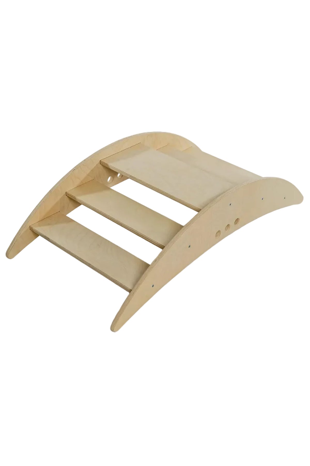 A curved wooden climbing structure with three slatted steps, crafted from natural plywood. This sustainable toy encourages active play and coordination for young children, promoting balance and physical development.