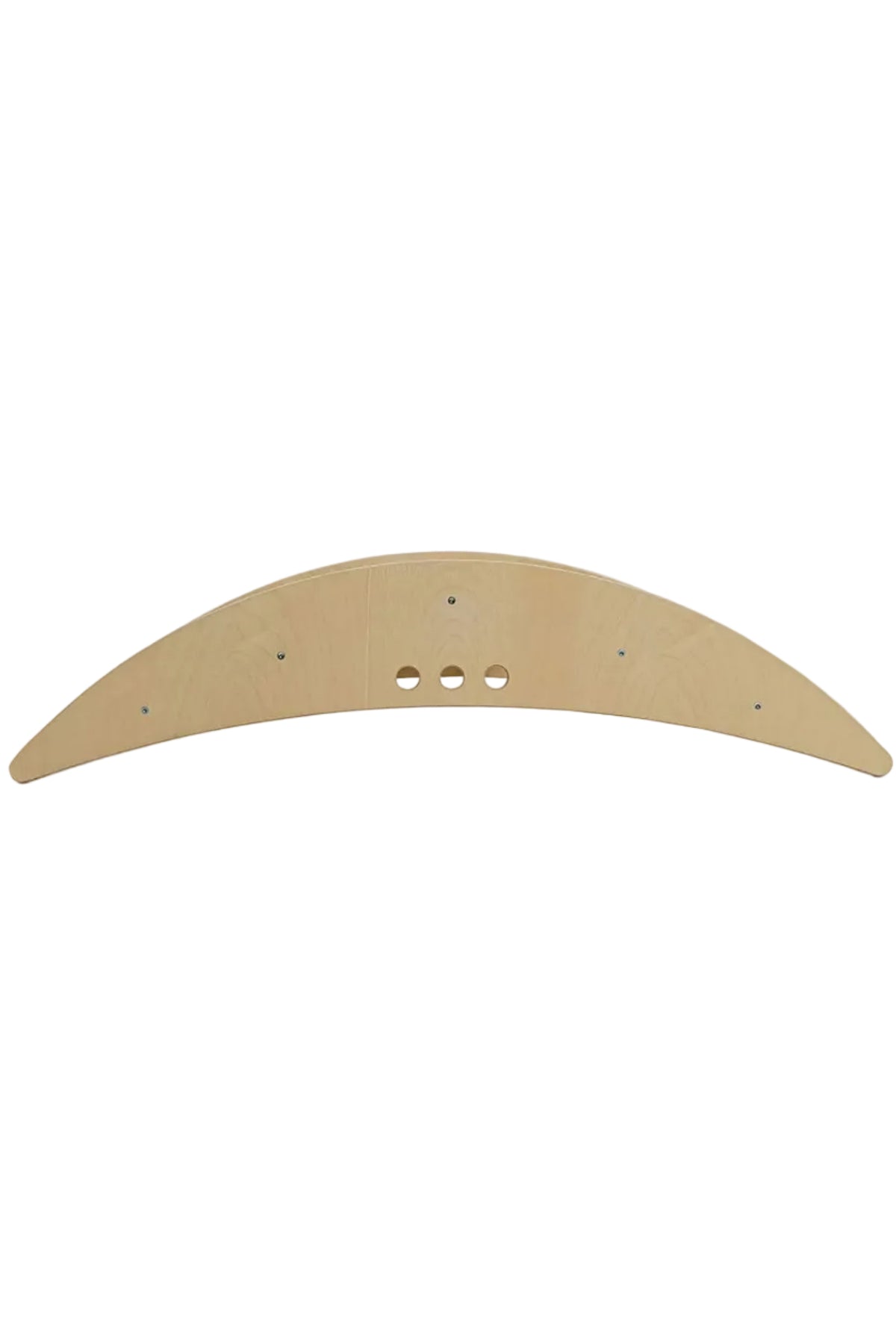 A smooth, curved wooden board made of light-colored material features cut-out holes, designed for childrens play. This versatile piece can be used as a rocking boat or climbing bridge.