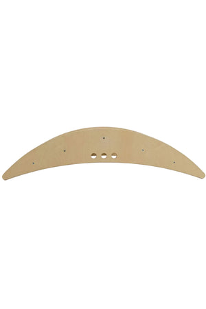 A smooth, curved wooden board made of light-colored material features cut-out holes, designed for childrens play. This versatile piece can be used as a rocking boat or climbing bridge.