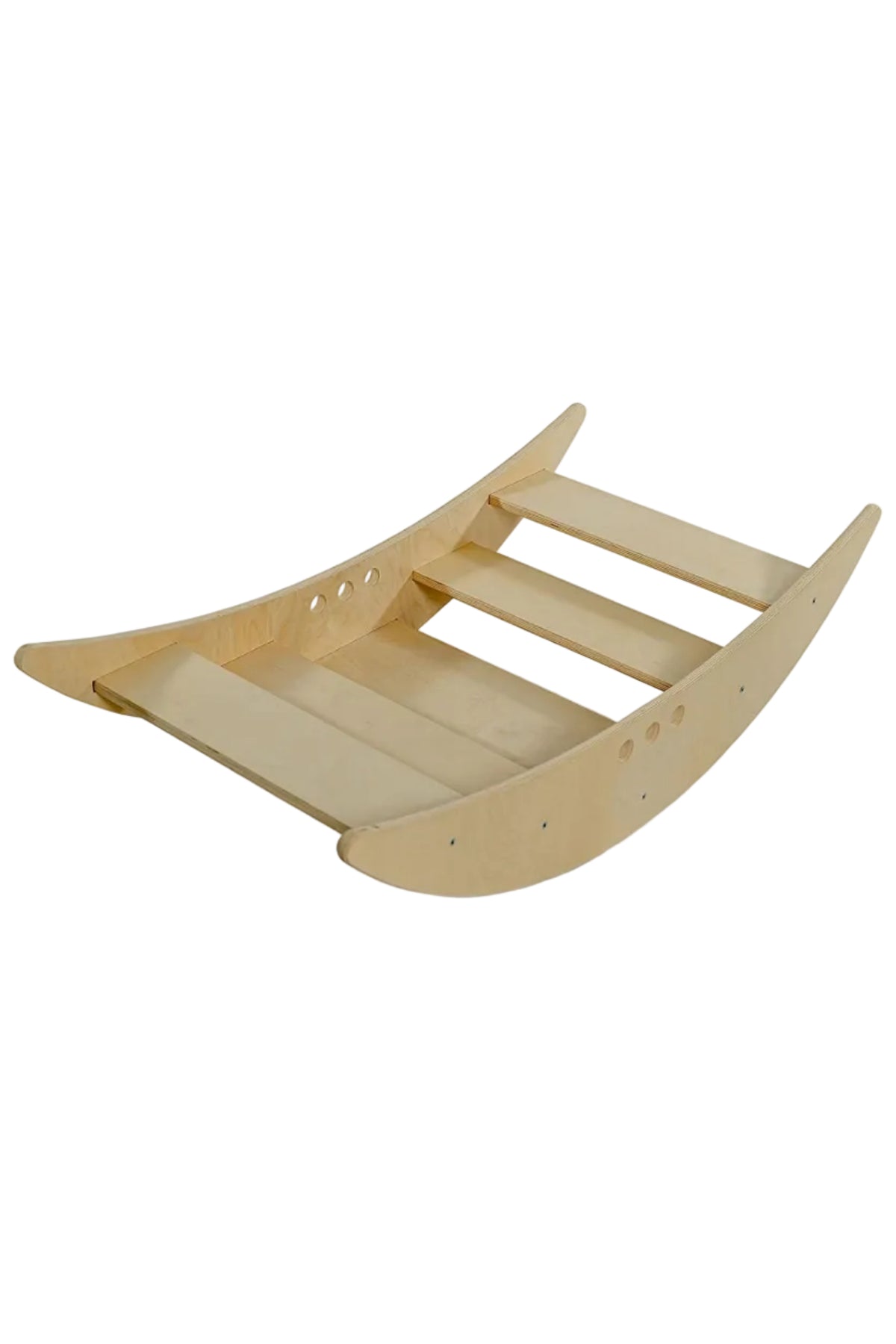A natural wood rocking boat features a smooth finish with curved edges and three stepped climbing sections, designed for active play and skill development. Ideal for children’s imaginative adventures.