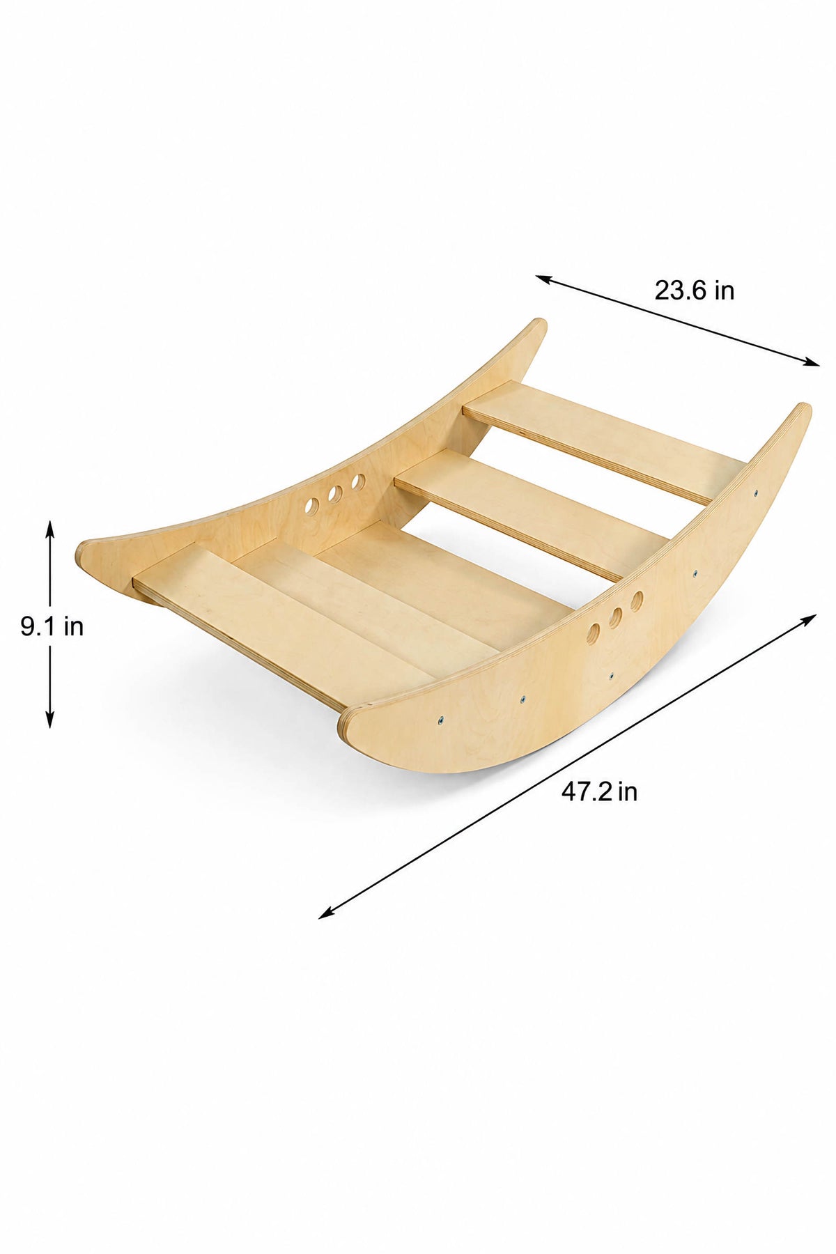 A natural wood rocking boat and climbing bridge designed for children, featuring smooth surfaces and rounded edges. Its dimensions are 47.2 inches long, 23.6 inches wide, and 9.1 inches high.