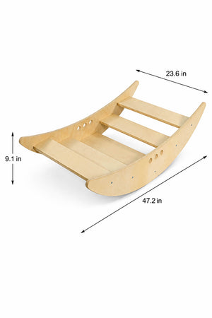 A natural wood rocking boat and climbing bridge designed for children, featuring smooth surfaces and rounded edges. Its dimensions are 47.2 inches long, 23.6 inches wide, and 9.1 inches high.