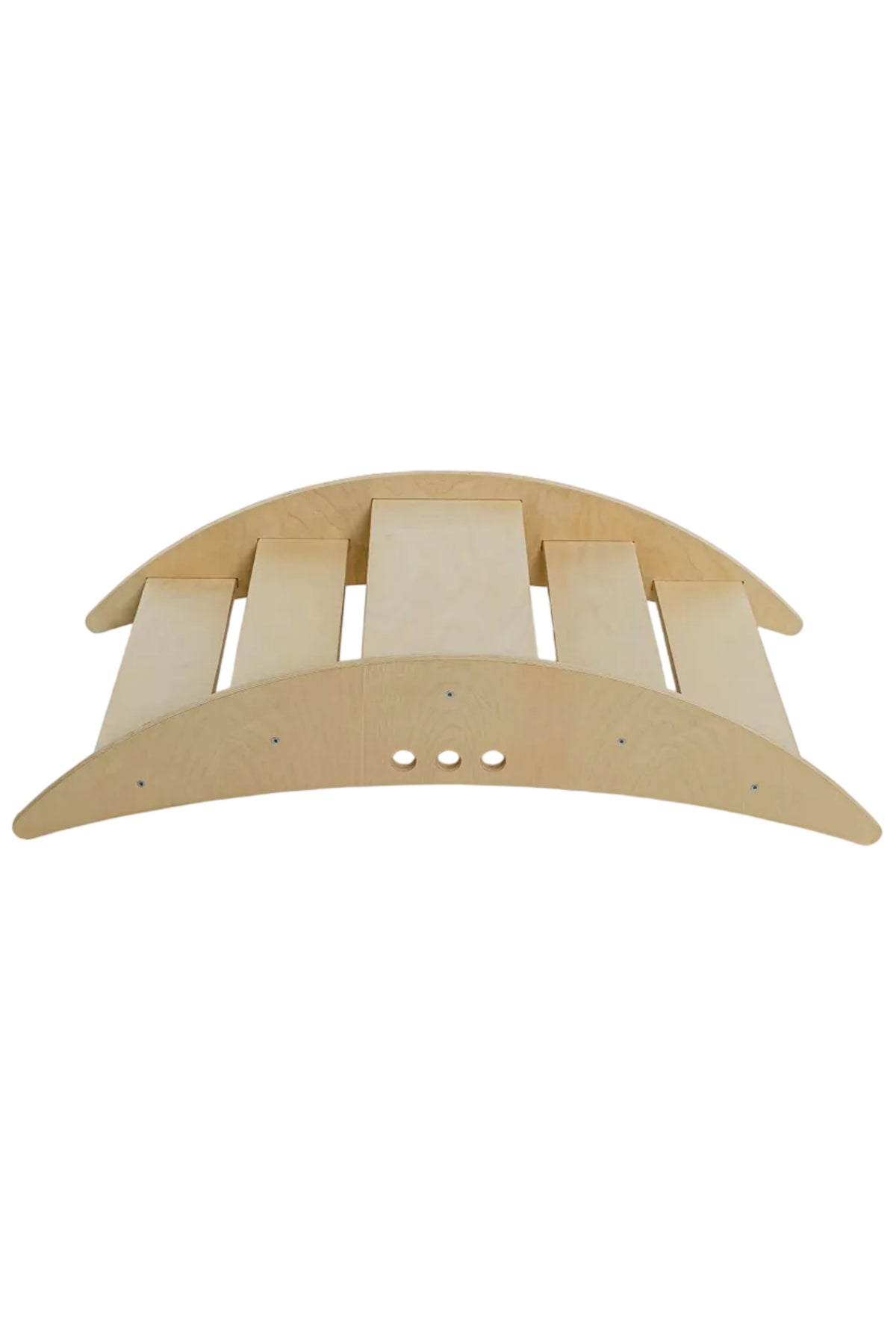 Lightly finished wooden climbing bridge with an arched design and five stepping surfaces, suitable for childrens active play and coordination development. Ideal for sustainable and eco-friendly playtime adventures.