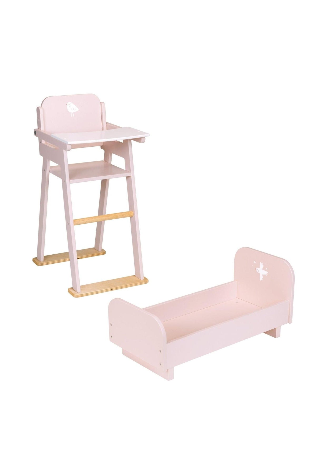 Pink wooden doll high chair and crib with bird design, featuring natural wood accents.