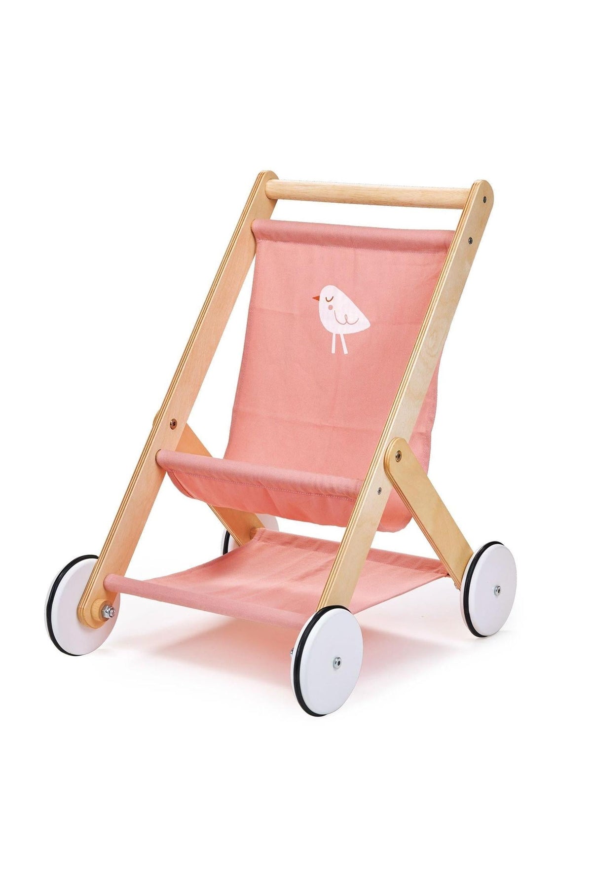 Wooden baby doll stroller with a pink fabric seat featuring a bird design, set on white wheels.