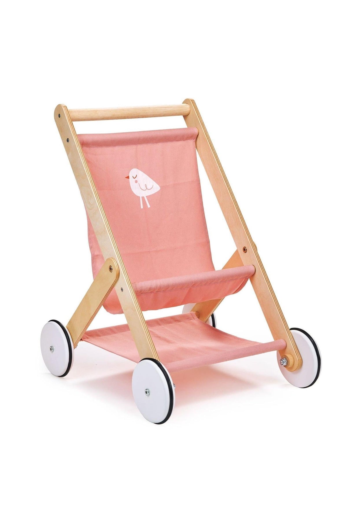 A wooden baby doll stroller with pink fabric and a bird design, featuring white wheels for safe play.