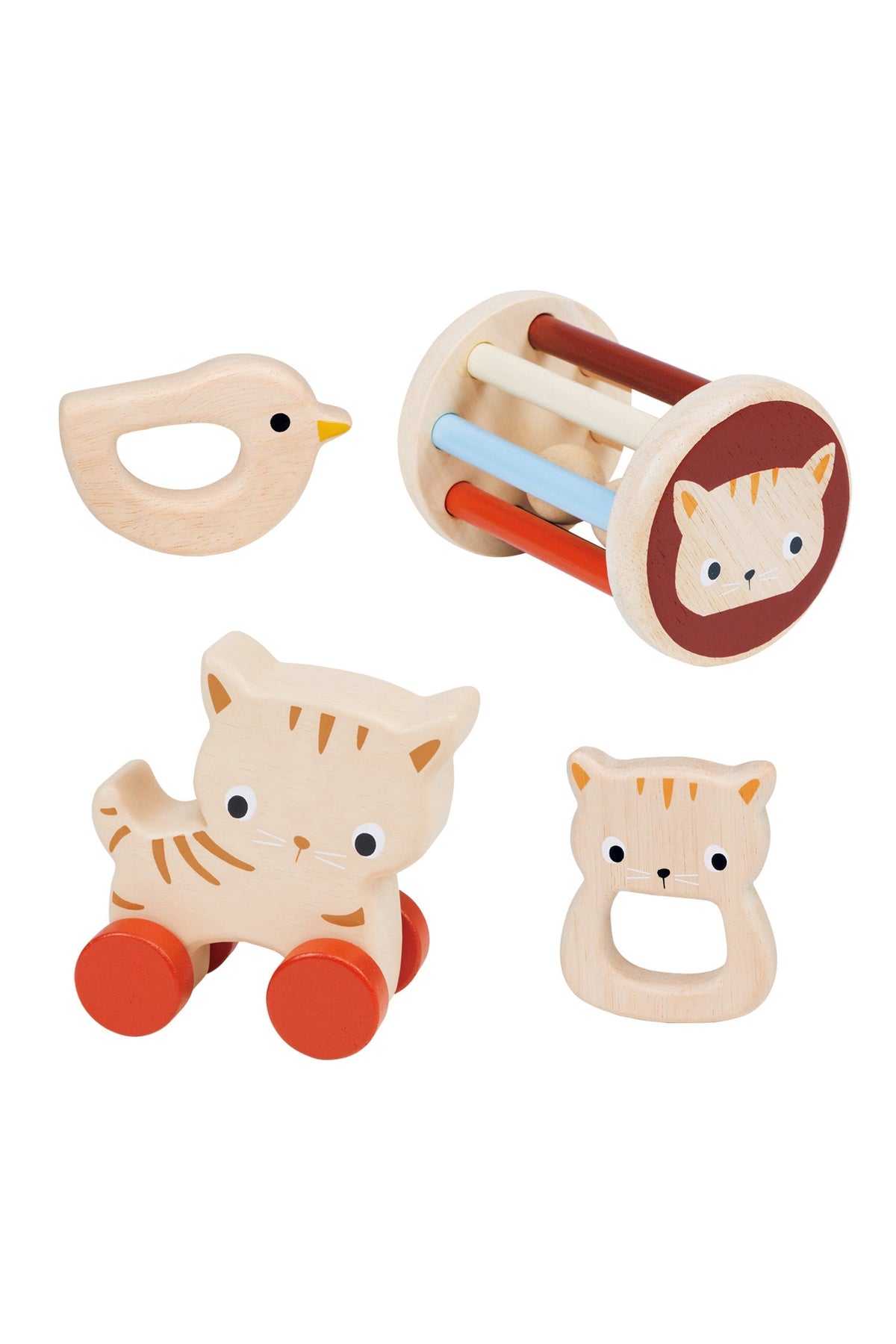 Set of wooden toys including a bird rattle, a tiger push toy, and a cat-shaped teether on a white background.
