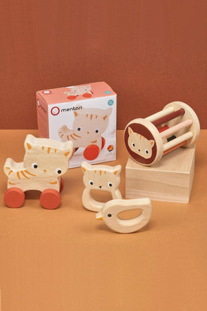 Set of wooden toys including a cat, duck, and roller with packaging on an orange background