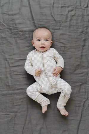 Taupe Checkered Zipper Pajama | Bamboo | Baby Essentials