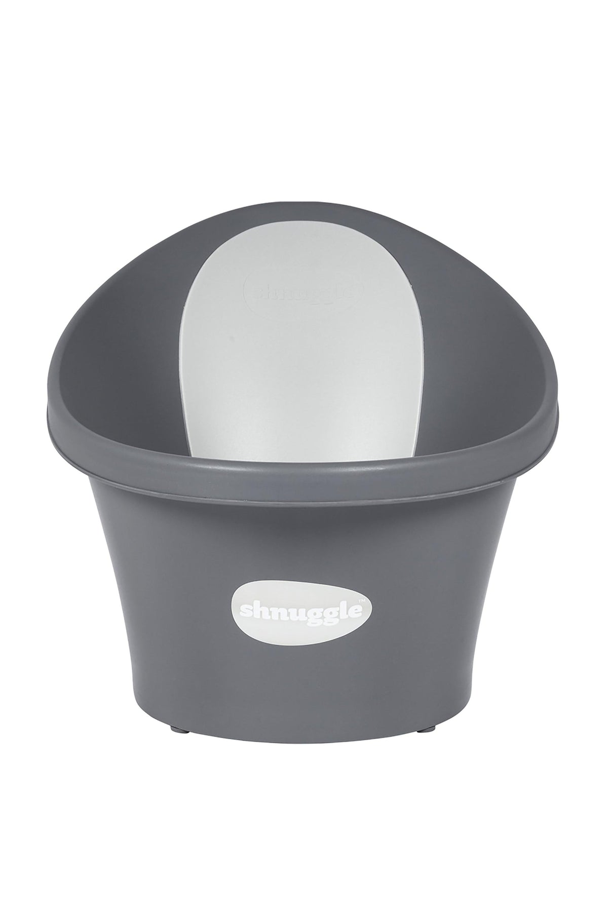 Gray Shnuggle baby bath with a white interior support, designed for newborns, featuring a compact, modern design.