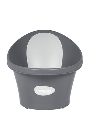 Gray Shnuggle baby bath with a white interior support, designed for newborns, featuring a compact, modern design.