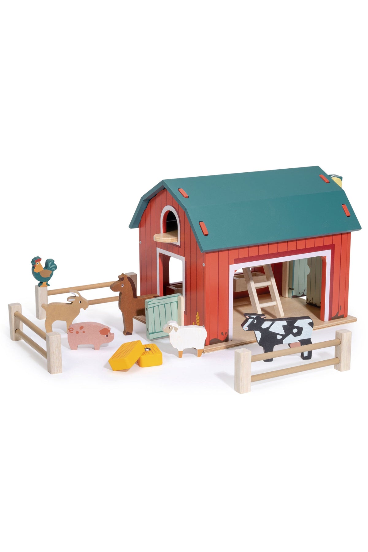 Toy barn set with animals on a white background