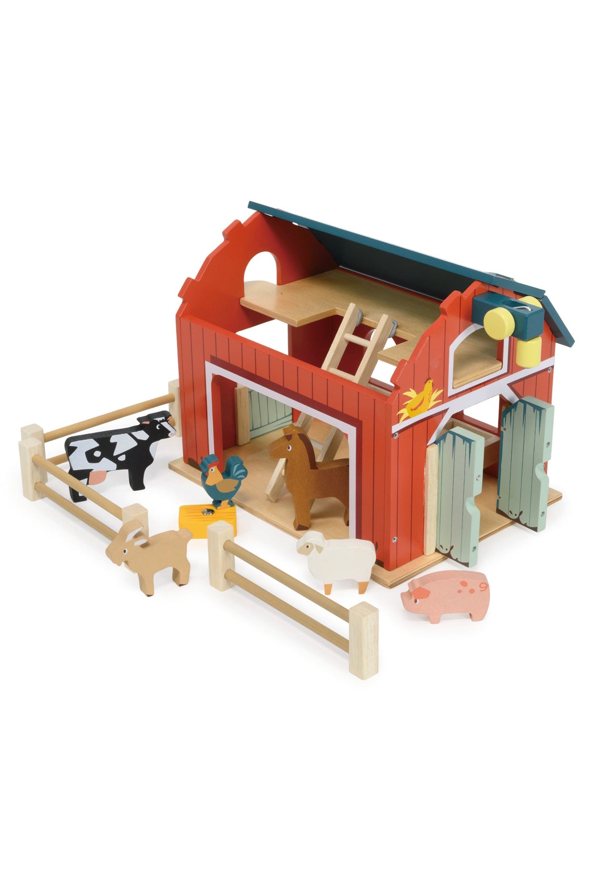 Toy barn set with animals on a white background