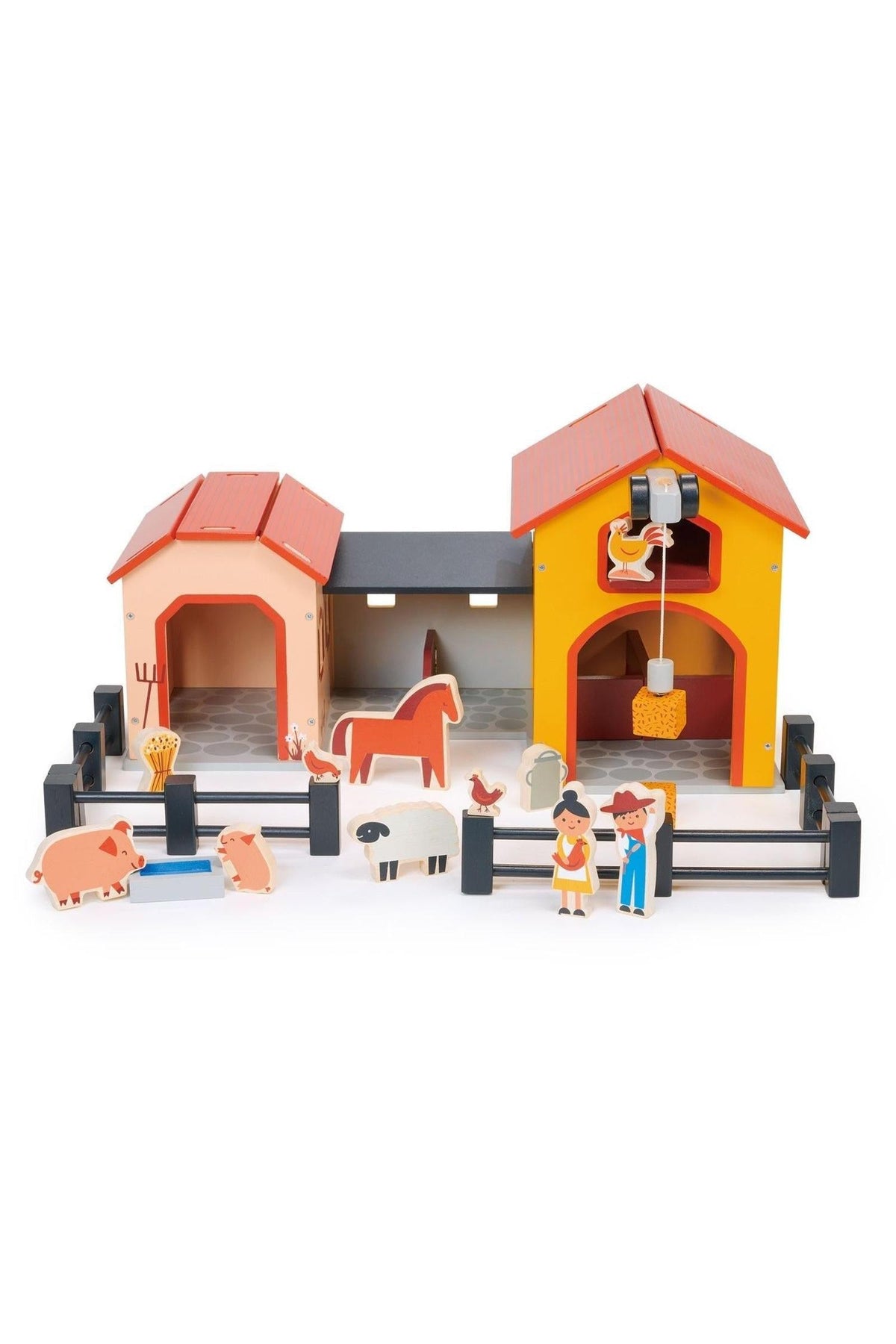 Colorful wooden barnyard play set with red roofs, featuring farm animals and figures, designed for imaginative childrens play.