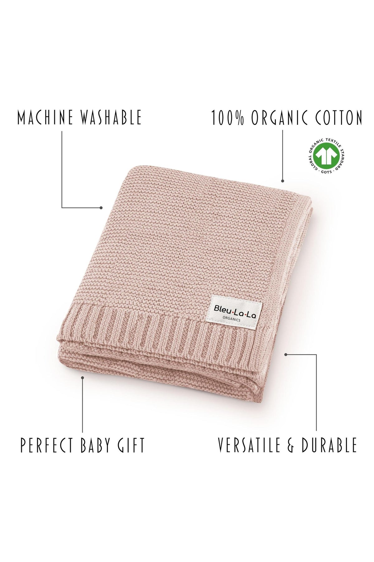 A folded pink knit blanket labeled Bleu-La-La Organics, made from 100% organic cotton, with eco-friendly features.