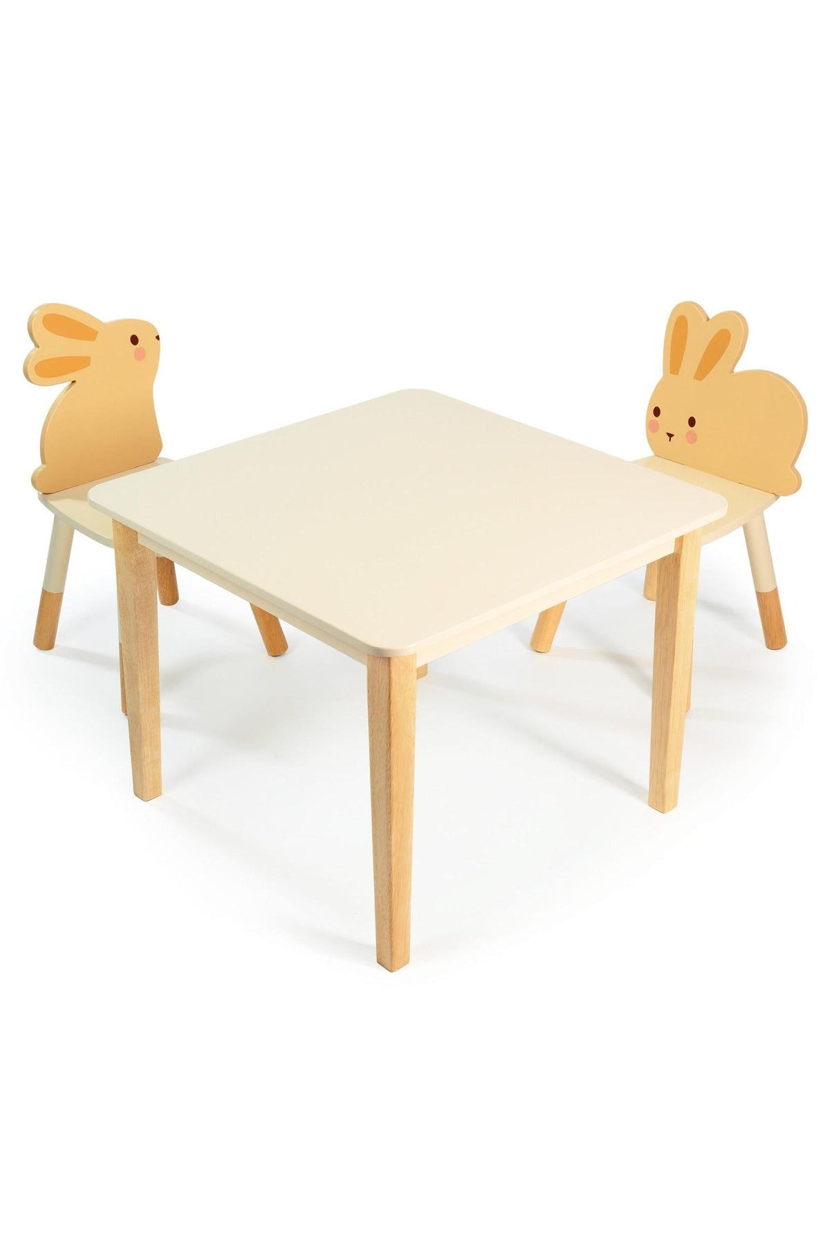 Child-sized table with two bunny-eared chairs, made from light wood and white surfaces. Eco-friendly toddler furniture set.