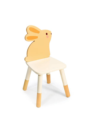 Yellow bunny-shaped chair with wooden legs, designed for toddlers. Made from sustainably sourced materials, eco-friendly and playful.