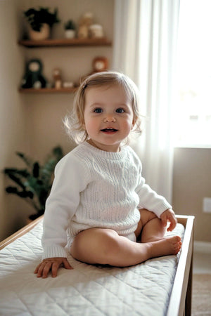 A smiling baby girl sits on a wooden surface, wearing a soft white cable knit sweater and showing bare legs.