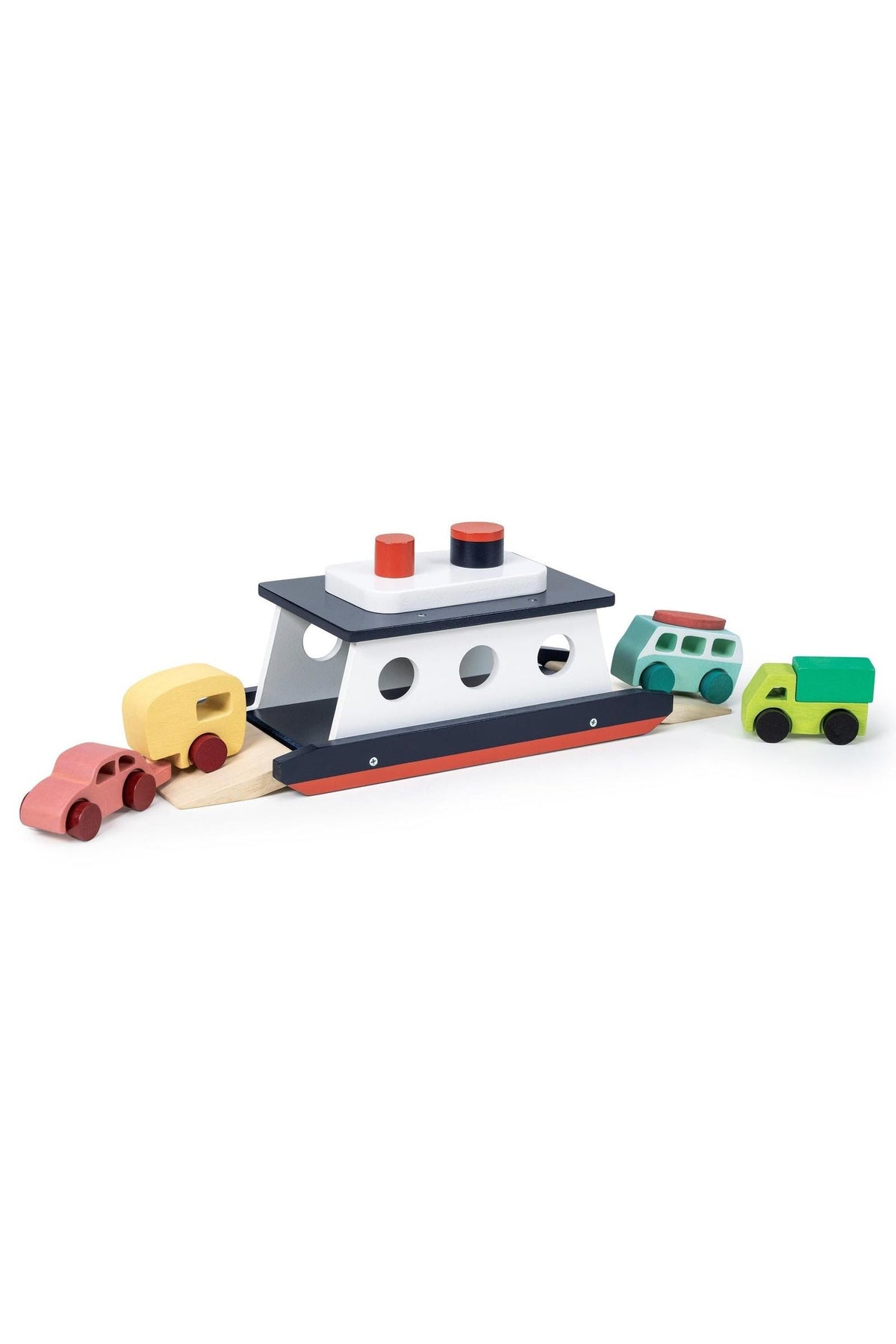 Wooden toy ferry with colorful cars, featuring a movable ramp. Made from sustainable materials for imaginative play.