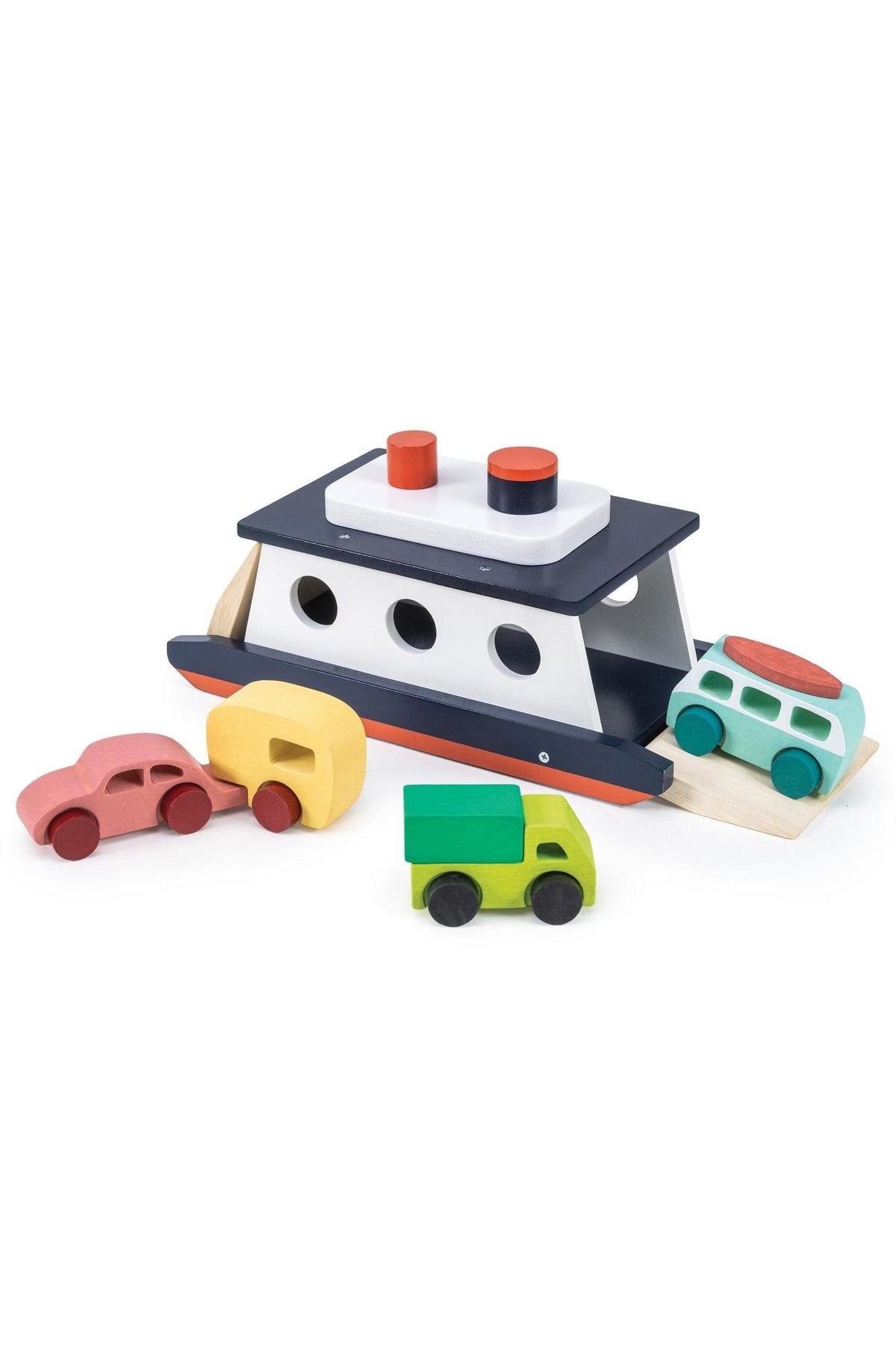 Wooden toy ferry with cars in pastel colors, featuring a movable ramp for loading. Eco-friendly and toddler-friendly design.