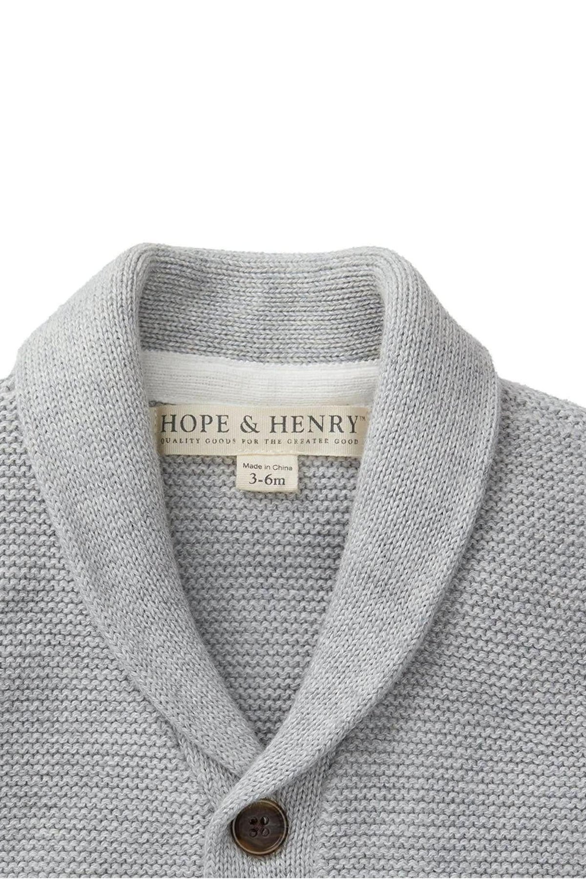 Gray heather cardigan from Hope & Henry, featuring a shawl collar and faux horn button. Made from soft, organic cotton, perfect for babies aged 3-6 months.