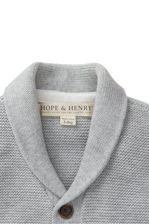 Gray heather cardigan from Hope & Henry, featuring a shawl collar and faux horn button. Made from soft, organic cotton, perfect for babies aged 3-6 months.