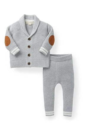Light gray organic cotton baby cardigan and matching leggings set featuring a shawl collar, elbow patches, and faux horn buttons, perfect for keeping your little one cozy and stylish.