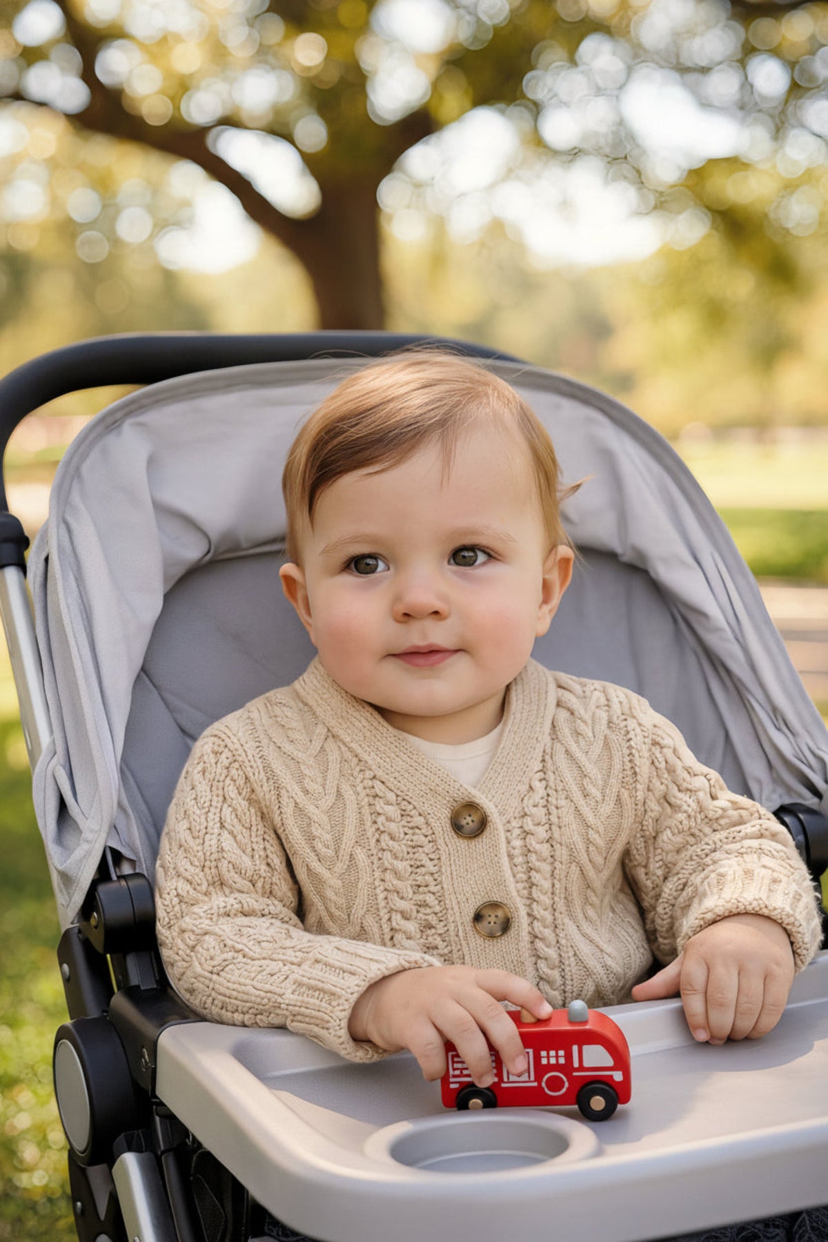 A baby wearing a chunky cable-knit cardigan sits in a stroller, holding a red toy fire truck.