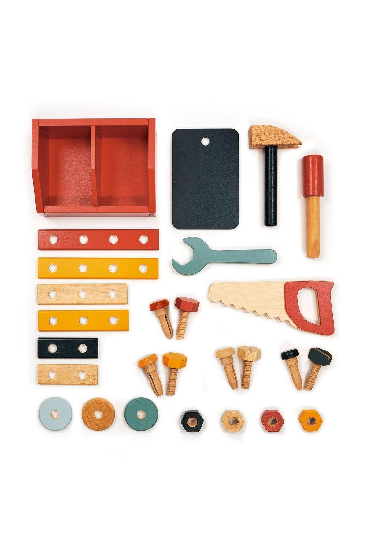 Wooden toy workshop set with colorful tools, including a saw, hammer, wrench, and bolts, on a white background.