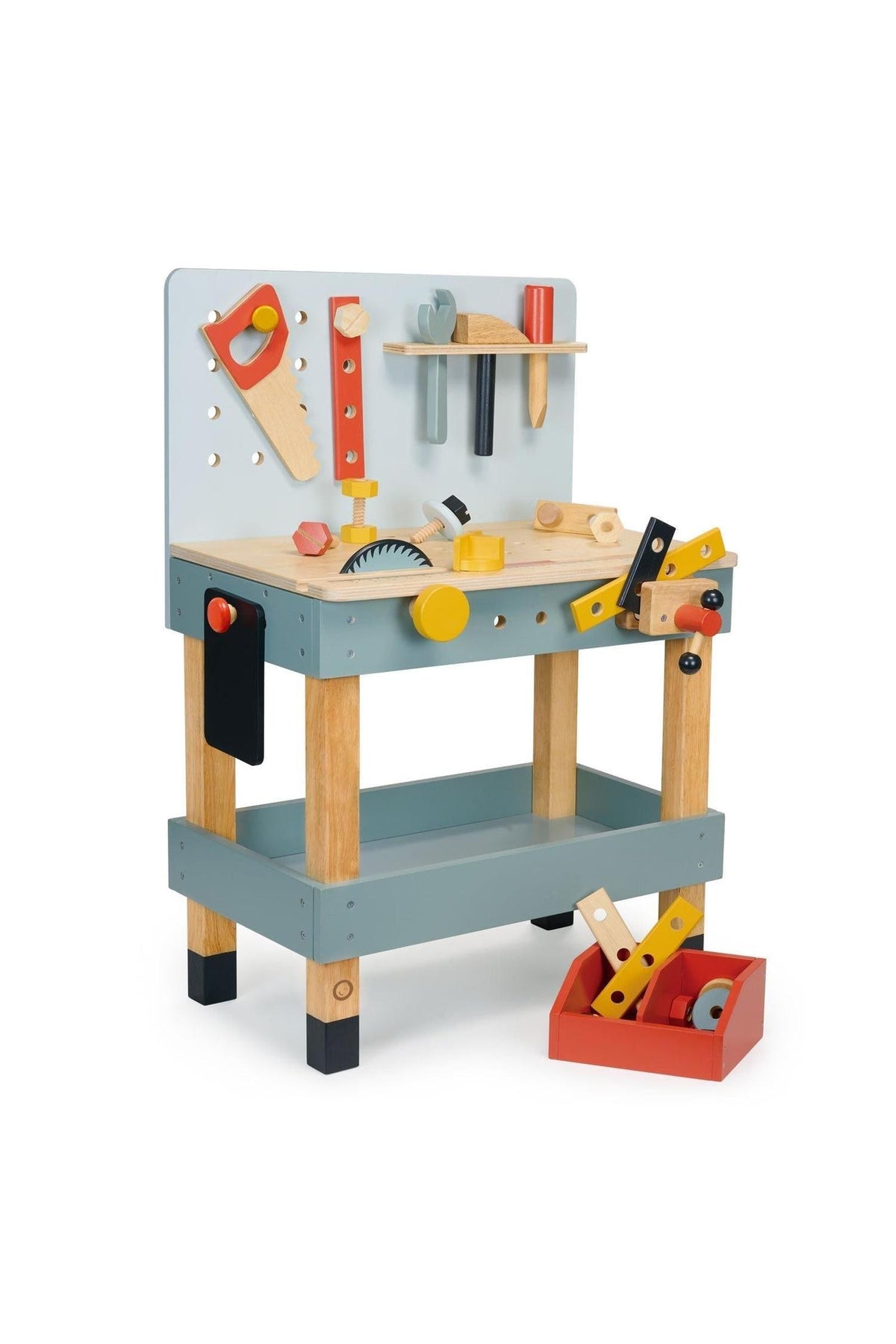 Wooden toy workbench with colorful tools, including a saw, hammer, and wrench, designed for childrens play and learning.