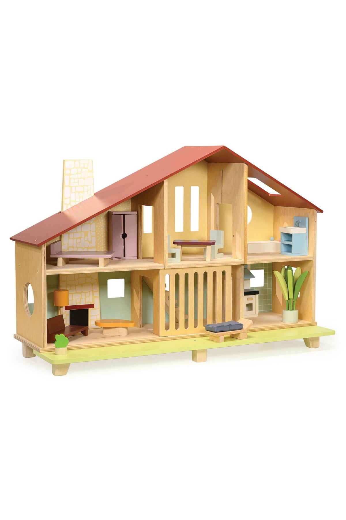 Wooden dollhouse with red roof, showcasing open rooms and mid-century modern style. Eco-friendly and family-friendly design.